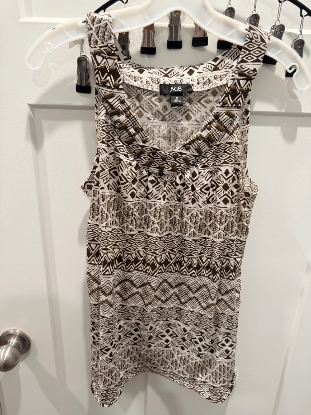 AGB Brown Cream Geometric Studded Sleeveless Tunic M